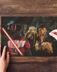 Personalized Star Woofers puzzle with three pets as Star Wars characters, on a wooden table.