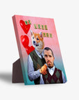 Personalized standing canvas with a dog's head on a human body, a man, red balloons, and "WE LOVE YOU" text.