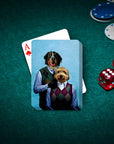 Personalized playing cards featuring two dogs in renaissance-style attire on a green poker table with chips and dice.