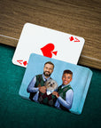 Personalized playing cards featuring two men and a dog in a "Step Doggo/Humans" style.