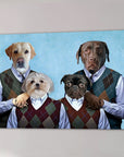Personalized canvas of four dogs dressed in argyle sweaters and collared shirts against a blue background.