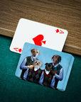 Personalized playing cards featuring a custom portrait of four dogs in argyle sweaters.