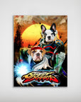 Personalized 'Street Doggos 2' poster featuring two pets as Street Fighter characters, a bulldog and a French bulldog, with a vibrant sunset background.