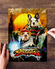 Personalized 2-pet puzzle featuring dogs in "Street Doggos 2" cartoon style on a wood table.