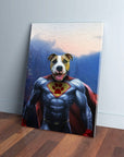 Personalized 'Super Dog' pet canvas featuring a dog's head on a superhero body with a red paw print emblem.