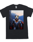 Black Gildan t-shirt featuring a personalized "Super Dog" design with a dog's face on a superhero body.
