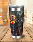 Personalized stainless steel tumbler with two custom pet portraits as Superdog and Batdog.