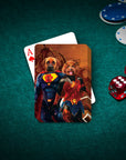 Personalized playing cards featuring two pets as Superdog and Wonder Doggette on a green felt table with chips and dice.