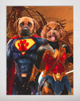 Personalized 'Superdog & Wonder Doggette' poster featuring two pets as superheroes on a matte finish.