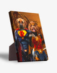 Personalized Superdog and Wonder Doggette standing canvas featuring two pets in superhero costumes.