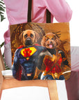 Personalized two-pet tote bag with custom dog portraits in Superdog and Wonder Doggette costumes.