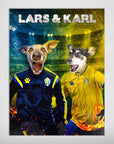 Personalized 'Sweden Doggos Euro Football' poster featuring two dogs in blue and yellow soccer jerseys.