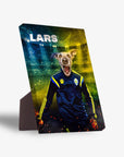 Personalized pet canvas featuring a dog's head on a Swedish soccer player's body, standing on a desk.