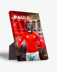 Personalized pet standing canvas featuring a black dog in a red soccer jersey with "PAULO" above, on a stadium background.
