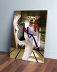 Personalized pet canvas featuring a dog in a white taekwondo gi, blue belt, red gloves, breaking a board.