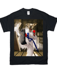 Black Gildan t-shirt with a personalized "Taekwondogg" design of a dog in a white gi breaking a board.