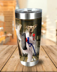 Personalized stainless steel tumbler with a custom dog pet portrait in a Taekwondo uniform.