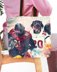 Personalized tote bag with two custom pet portraits of dogs in football jerseys.