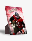 Personalized pet standing canvas featuring a dog in a red Tampa Bay Buccaneers football uniform.