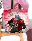 Personalized Tampa Bay Doggos tote bag with a custom dog portrait in a football uniform.