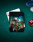 Custom playing cards featuring four dogs as Ninja Turtles on a green poker table with chips and red dice.