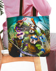 Personalized 4-pet tote bag featuring dogs as Teenage Mutant Ninja Turtles.