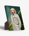 Golden Retriever pet portrait on a standing canvas, dressed as a tennis player in a cream cardigan, holding a racket.