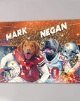 Personalized canvas with two dogs in football uniforms, "Mark" and "Negan" above them, on a fiery stadium background.