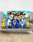 Custom 3-pet personalized blanket with dogs in Renaissance musketeer portraits, blue coats, and hats.