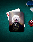 Personalized pet playing cards featuring a white dog in a Renaissance Admiral portrait on a green felt table.