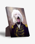 Personalized pet standing canvas featuring a white fluffy dog in a navy blue and gold Admiral uniform.
