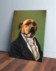 Custom pet portrait canvas featuring a brown dog in a black suit against a green background.