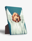 Personalized pet standing canvas featuring a golden doodle with white angel wings and robe on a teal background.
