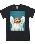 Black Gildan t-shirt with a personalized pet portrait of a dog as an angel with white wings and robe.