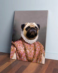 Custom pet canvas: a pug in a pink, ornate Archduchess gown with a white ruffled collar and gold necklace.