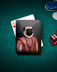 Custom personalized playing cards featuring a pug in a renaissance royal portrait on a green felt table.