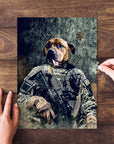 Personalized pet puzzle featuring a dog's head on an Army veteran's body in camouflage uniform.