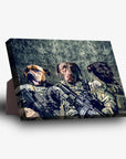 Personalized 3-pet standing canvas featuring dogs in military uniforms with rifles against a textured background.
