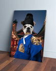 Custom pet canvas: a bulldog in a blue Asian Emperor robe with gold details, against a temple backdrop.