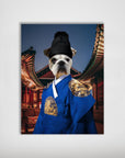 Personalized pet poster featuring a French Bulldog in a blue Asian Emperor robe with gold accents, against a temple background.