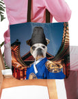 Personalized tote bag with a custom pet portrait of a bulldog in an Asian emperor costume.