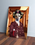 Custom pet canvas featuring a yellow lab in a red Asian Empress hanbok and ornate black wig.