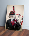 Personalized pet canvas featuring a Shih Tzu dog dressed as a bagpiper in a black suit and red tartan.