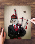 Personalized pet puzzle featuring a Shih Tzu dog dressed as a bagpiper in a plaid hat and kilt.