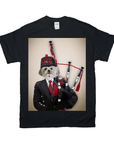 Black Gildan t-shirt with a personalized print of a Shih Tzu dog dressed as a bagpiper in a kilt and hat.