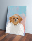 Custom pet canvas featuring a fluffy brown dog in a white ballerina dress, pearl necklace, and tiara, against a pastel sky.