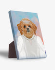 Personalized pet standing canvas featuring a Shih Tzu in a white dress, pearl necklace, and tiara against a colorful background.