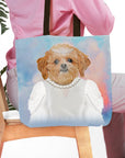Personalized "Bailarina" tote bag with a custom pet portrait of a dog in a white dress and pearl necklace.