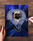 Personalized 'Baroness' pet puzzle featuring a pug in a royal blue renaissance portrait.