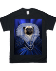 Black Gildan t-shirt featuring a pug in a blue regal dress with a white lace collar and pearls.